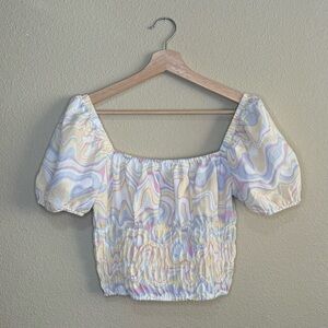 Elodie shirt womens small pastel peplum puffy sleeve cropped yellow & blue